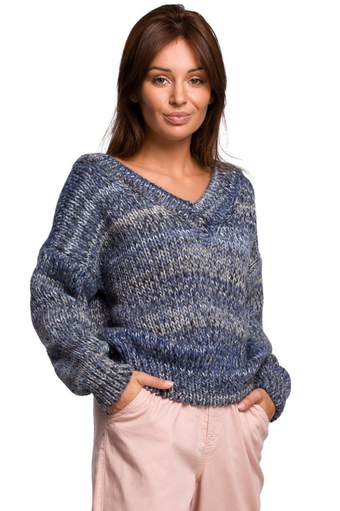 Sweter Damski - Gruby Oversize Z Dekolotem V - niebieski